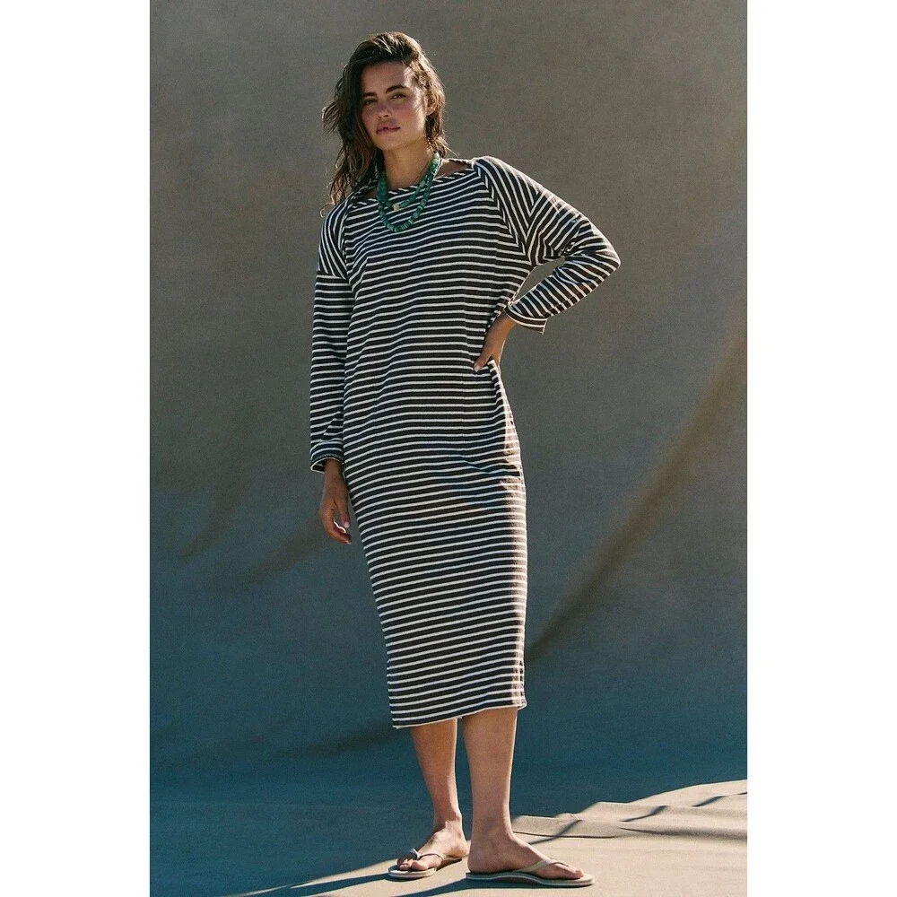 Free People Free Est Tivoli Maxi Dress Stripe Printed Long Sleeve Brown S 288375